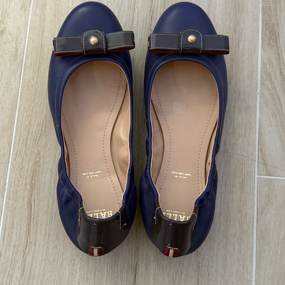 Bally Dark Blue Flats with Bow and Gold Accent